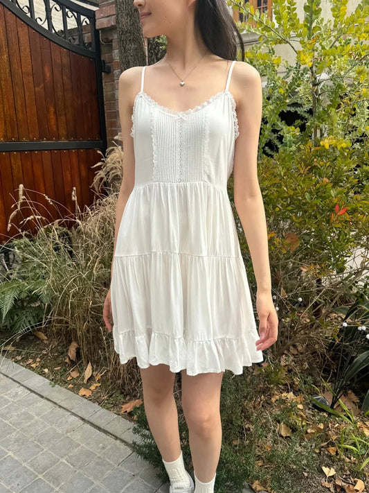 Lace Trim White A-line Dress Women New Elastic Waist V-neck Sleeveless Mini Dresses Vintage Preppy Style Sweet Short Vestido Y2K