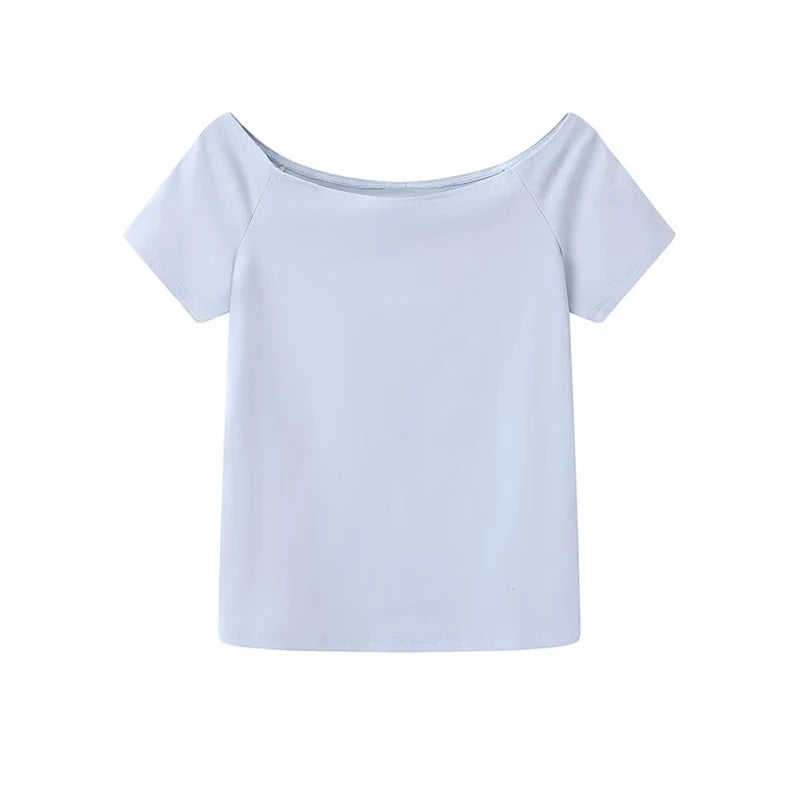 Solid Sexy Slash Neck Short Sleeve Tees Women Summer New Casual Cotton Street Tops Clothes Cute Sweet Preppy Style T-shirts Y2K