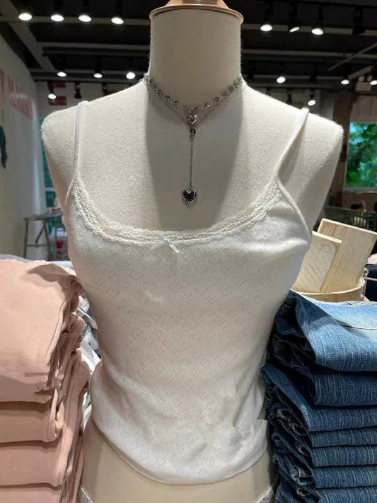 White Eyelet Lace Camisole Women Summer New Casual Streetwear Slim Cotton Sleeveless Tank Tops Sweet Cute Simple Camisole Y2K