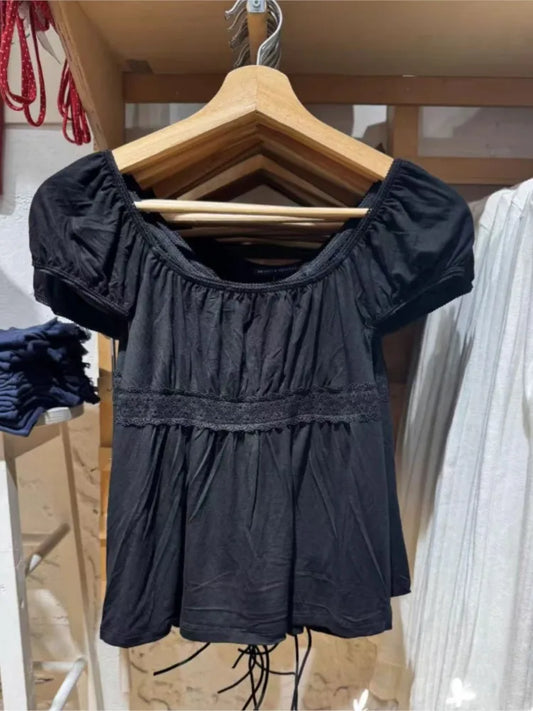 Black Lace Trim Babydoll Top Women Summer New Y2K Casual Slim Lace-up Square Collar Tee Tops Sweet Vintage Preppy Style T-shirts