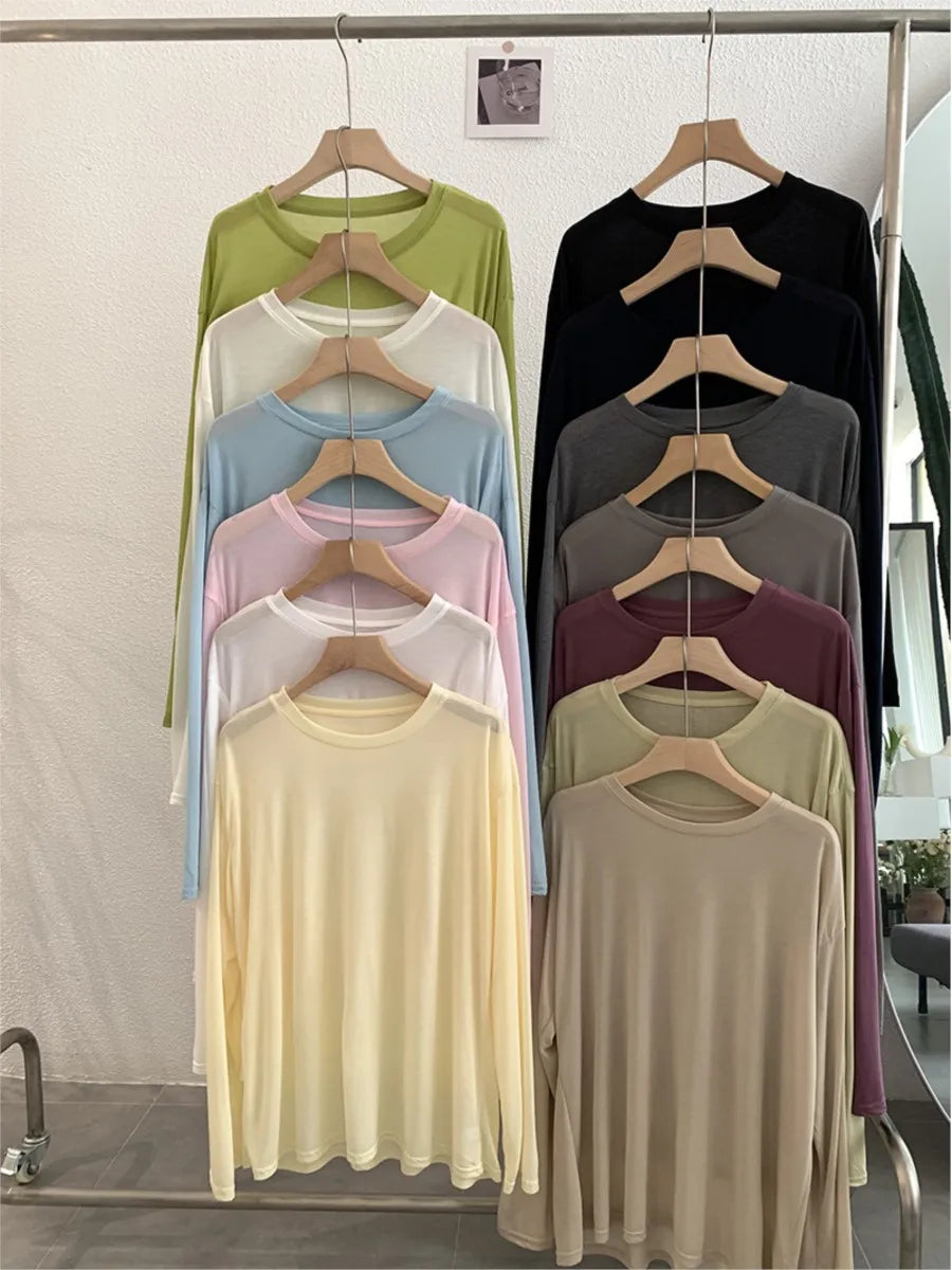 Sweet Thin Sun Protection T-shirts Women Summer Casual Streetwear Lyocell O-neck Long Sleeve Tees Chic Preppy Style Tops Y2K New