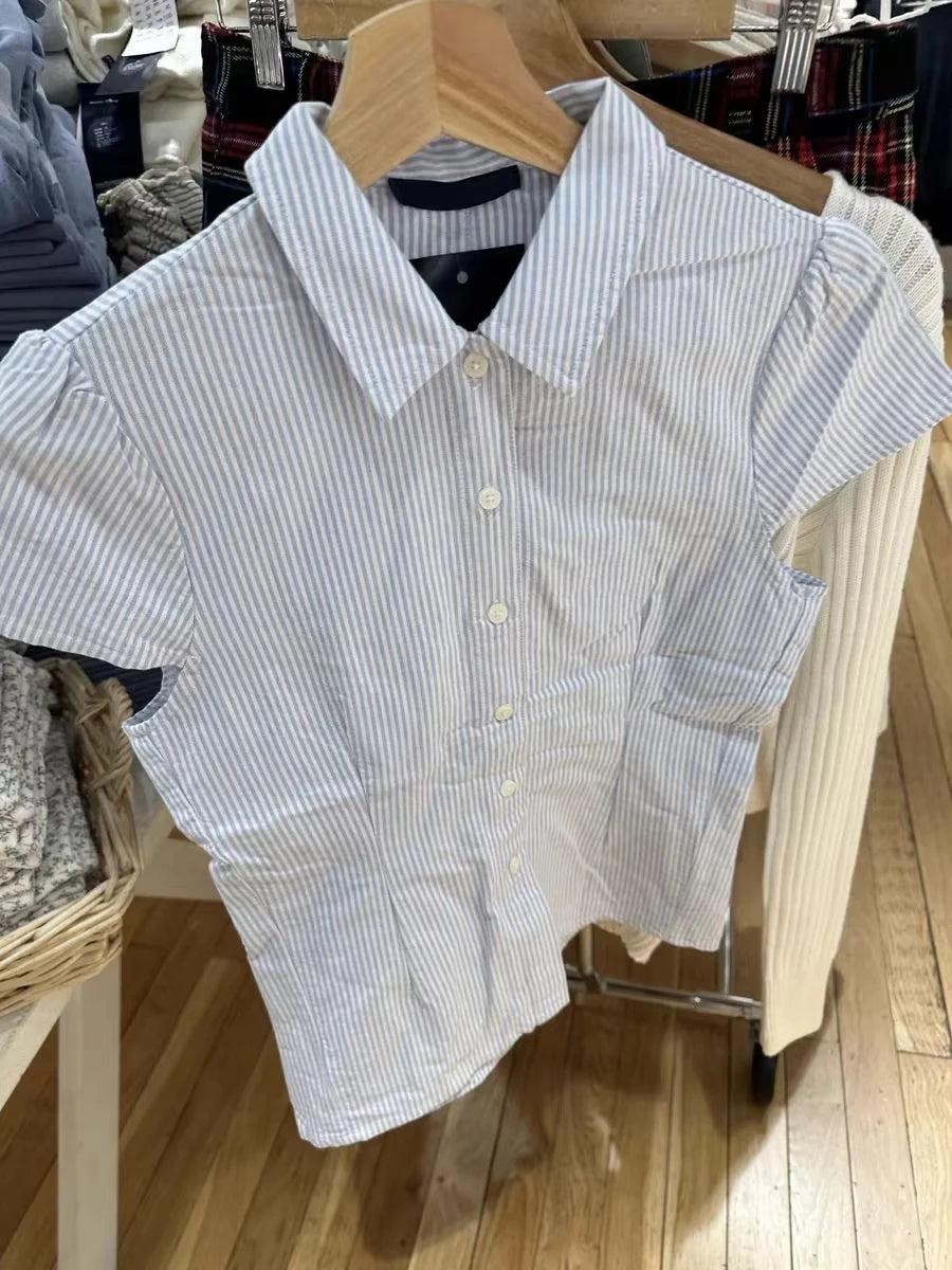 Blue Striped Button Blouse Women Summer New Streetwear Casual Lapel Short Sleeve Tees Sweet Cute Preppy Style T-shirts Y2K Tops