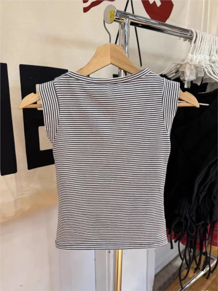 Striped Deep V-neck Cotton T-shirts Women Summer Casual Simple All-match Slim Sleeveless Tshirt Sweet Ballecore Cute Crop Tops