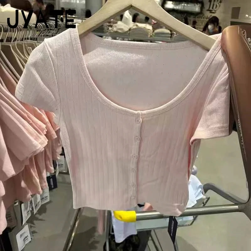 Sweet Pink Eyelet Slim Short Sleeve Tees Women Summer Basic Cotton Buttons Streetwear Crop Tops Vintage Cute Chic T-shirts Y2K