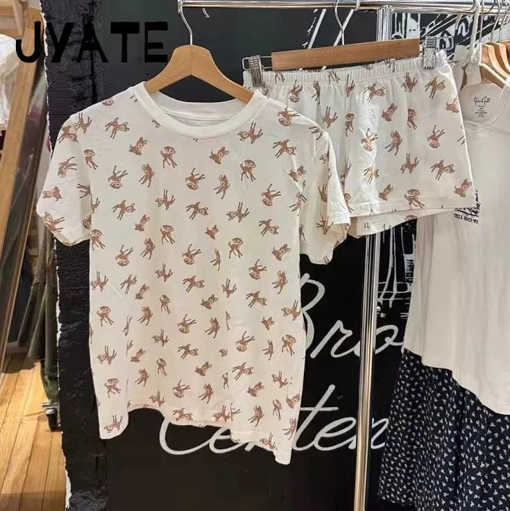 Little Deer Vest Shorts 2 Pieces Set Women Lace Trim Bow Slim Tank Top+Buttons Patchwork Straight Short Pant Sweet Suit Sets Y2K