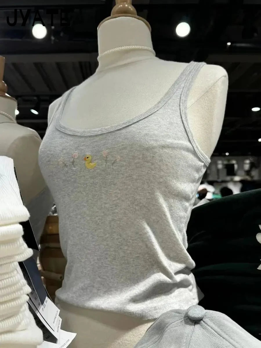 Little Yellow Duck Embroidered Tank Tops Women New Cotton U-neck Cute Chic Flower Graphic Vests Sweet Preppy Style Camisole Y2K