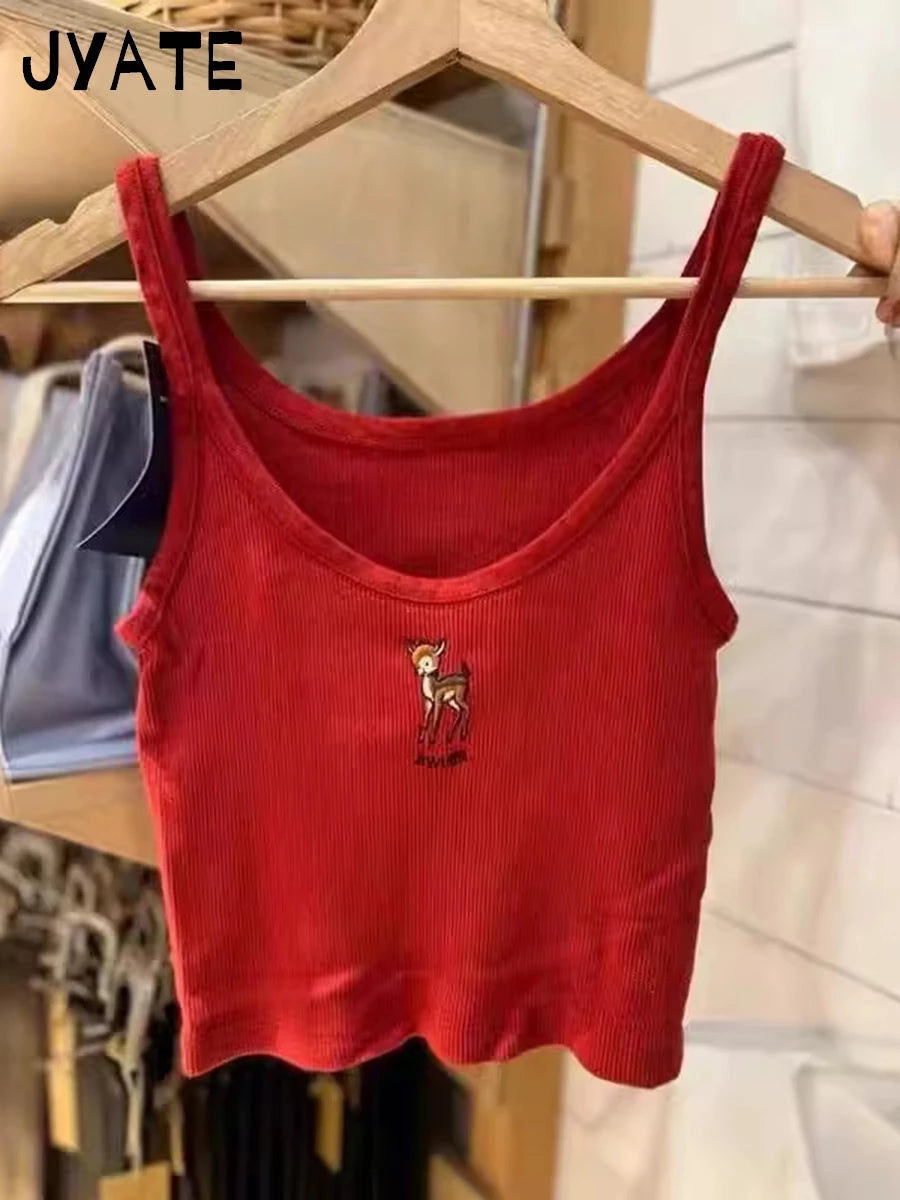 Little Bear Embroidery U-neck Tank Tops Women Summer Cotton Streetwear White Casual Cropped Vest Sweet Cute Vintage Camisole Y2K