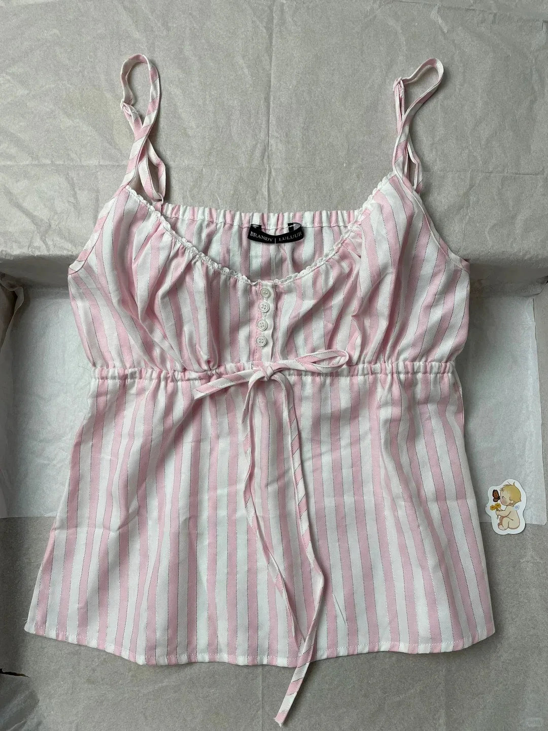 Pink Striped Silver Line Blouse Sets Women Lace Trim Casual Camisole+Drawstring Short Pants Sweet Cute Home Outfits Collection