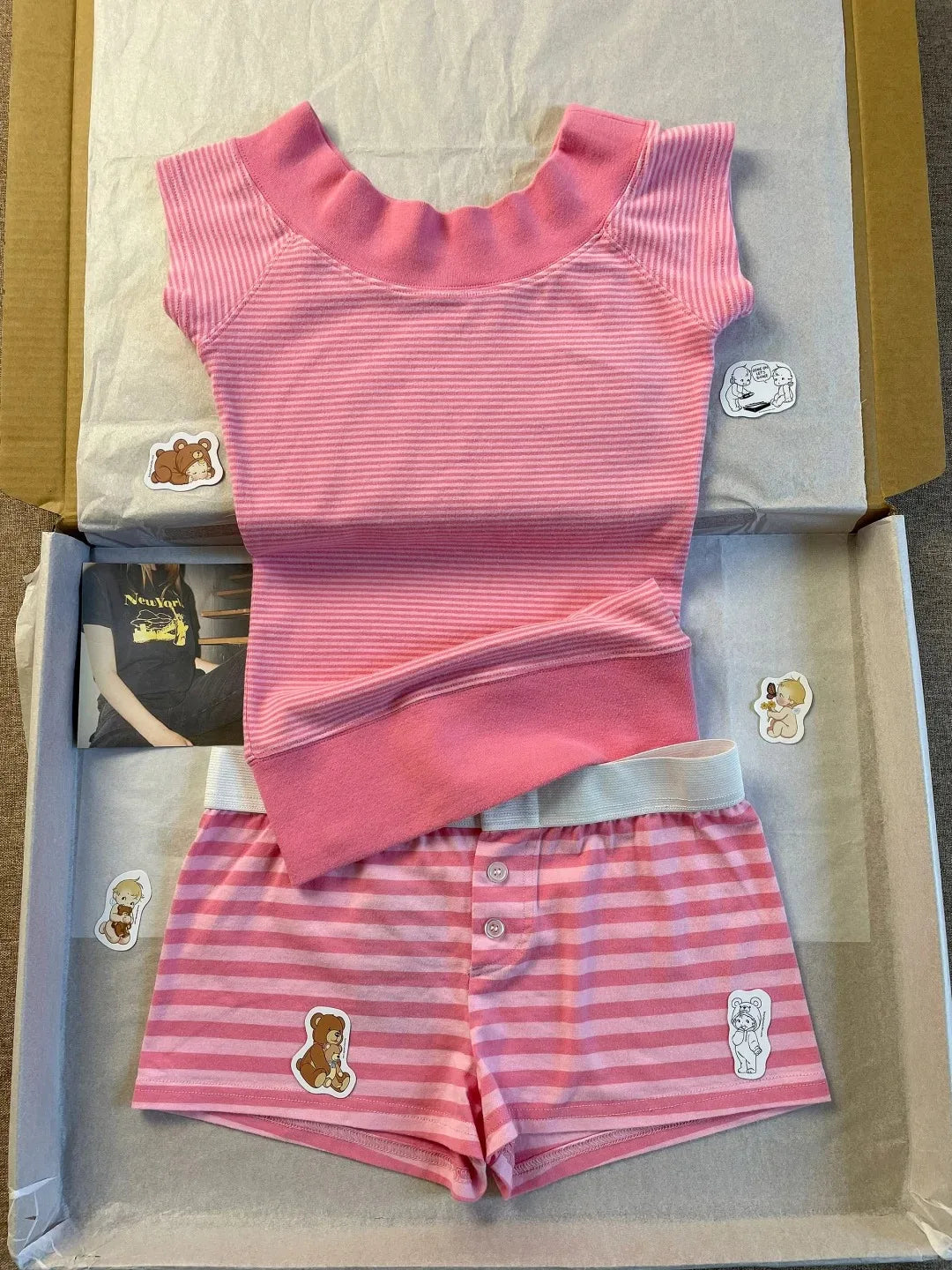 Sweet Pink Striped Collection Tshirt Women Simple Casual Cotton Buttons T-shirts Cute Preppy Style  Y2KCamisole+Slim Short Pants