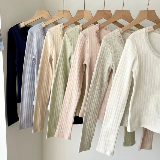 Lace Trim Button T-shirts Women Casual Simple Basic Cotton Eyelet Slim Long Sleeve Cardigan Tees Sweet Chic All-match Tshirts