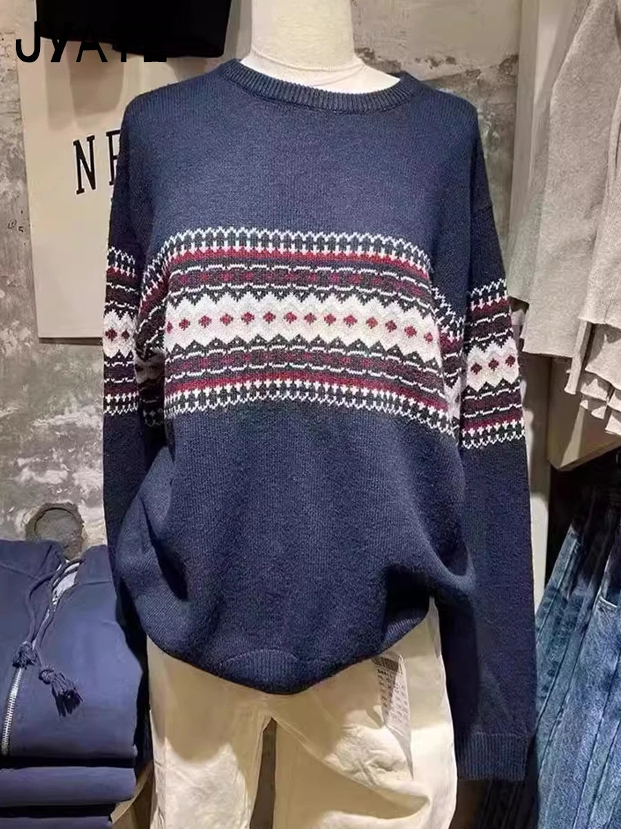 Fashion American Geometric Patchwork Knitted Pullover Tops Women Cotton Warm Loose Casual Jumper Vintage  Chic Y2K Sweaters New