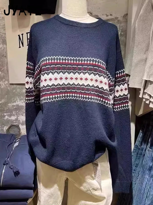 Fashion American Geometric Patchwork Knitted Pullover Tops Women Cotton Warm Loose Casual Jumper Vintage  Chic Y2K Sweaters New