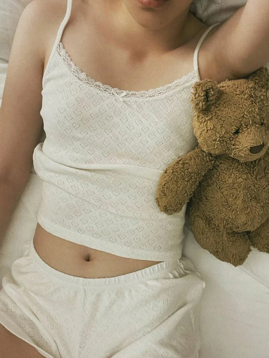 Heart Hollow Out Bow Tank Tops Women Summer Casual Chic Lace Trim White Sleeveless Vests Female Sweet Vintage Cute Y2K Crop Top
