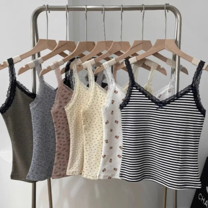 Lace Trim V-neck Slim Tank Tops Women Summer New Streetwear Cotton Casual Sleeveless Vests Sweet Cute Preppy Style Camisole Y2K