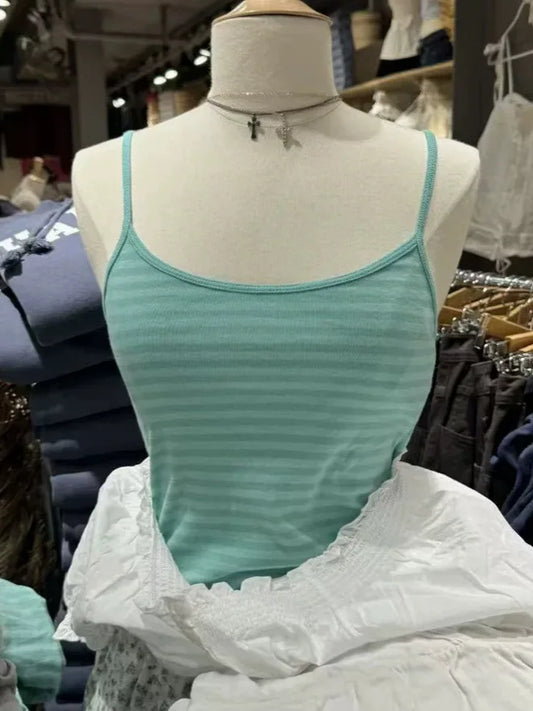 Green Striped Slim Camisole Women Casual Simple All-match Cute Cotton Sleeveless Vests Female Sweet Vintage Chic Tank Tops Y2K