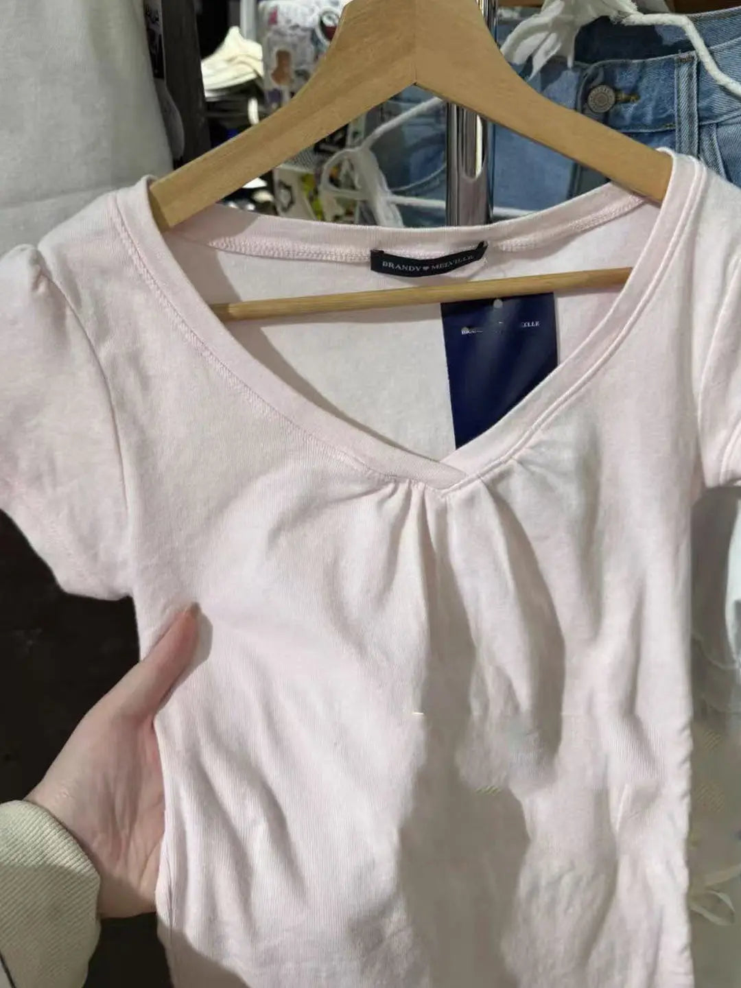 Folds V-neck Basic T-shirt Woman Summer Short Sleeve Cotton Slim Tee Shirts Female Casual Simple All-match Sweet Tshirt Tops