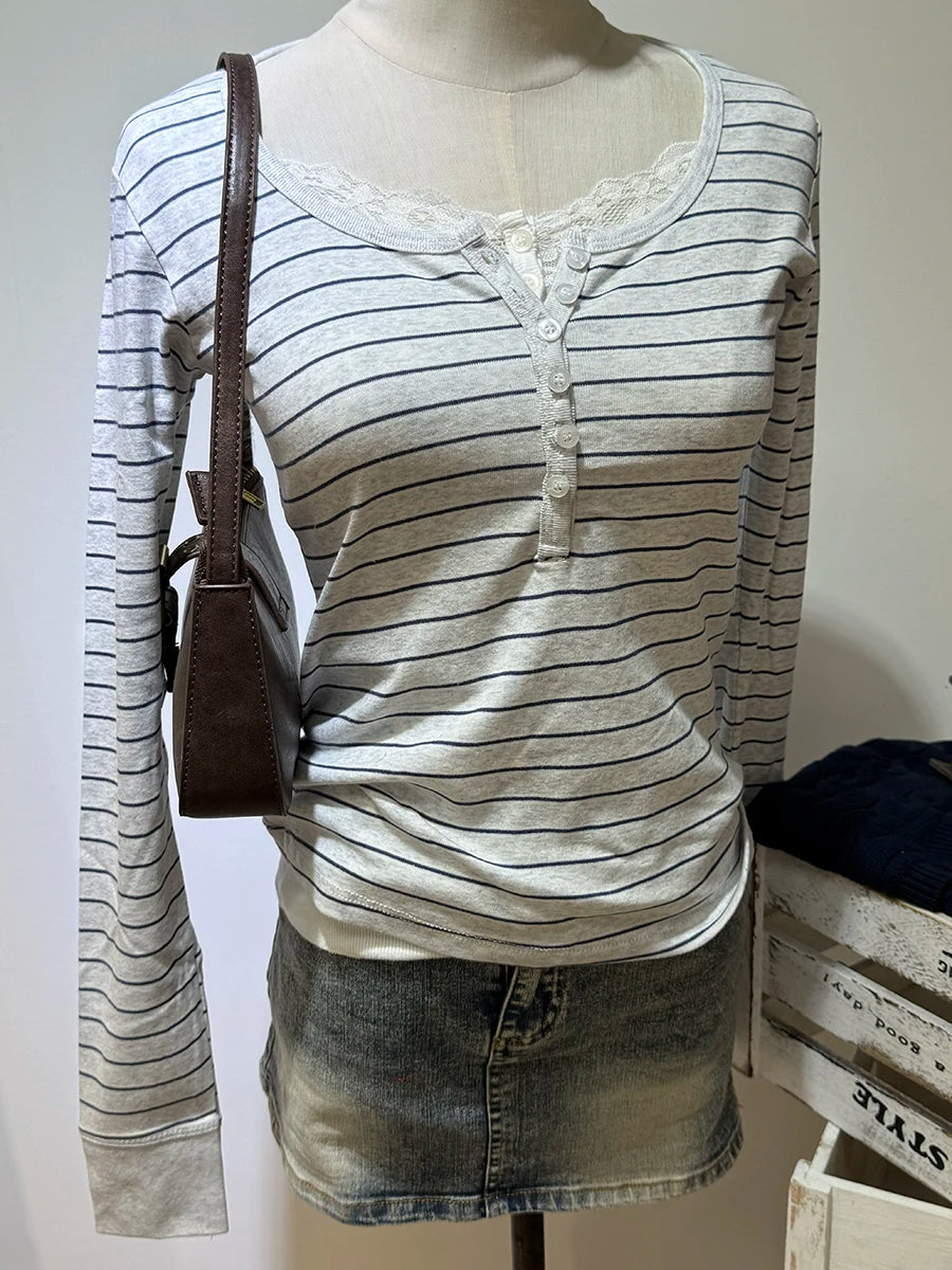 Navy Striped Buttons Long Sleeve Tees Women Casual Chic Cotton T-shirt Cute Preppy Style Slim Tshirt Zelly Tops