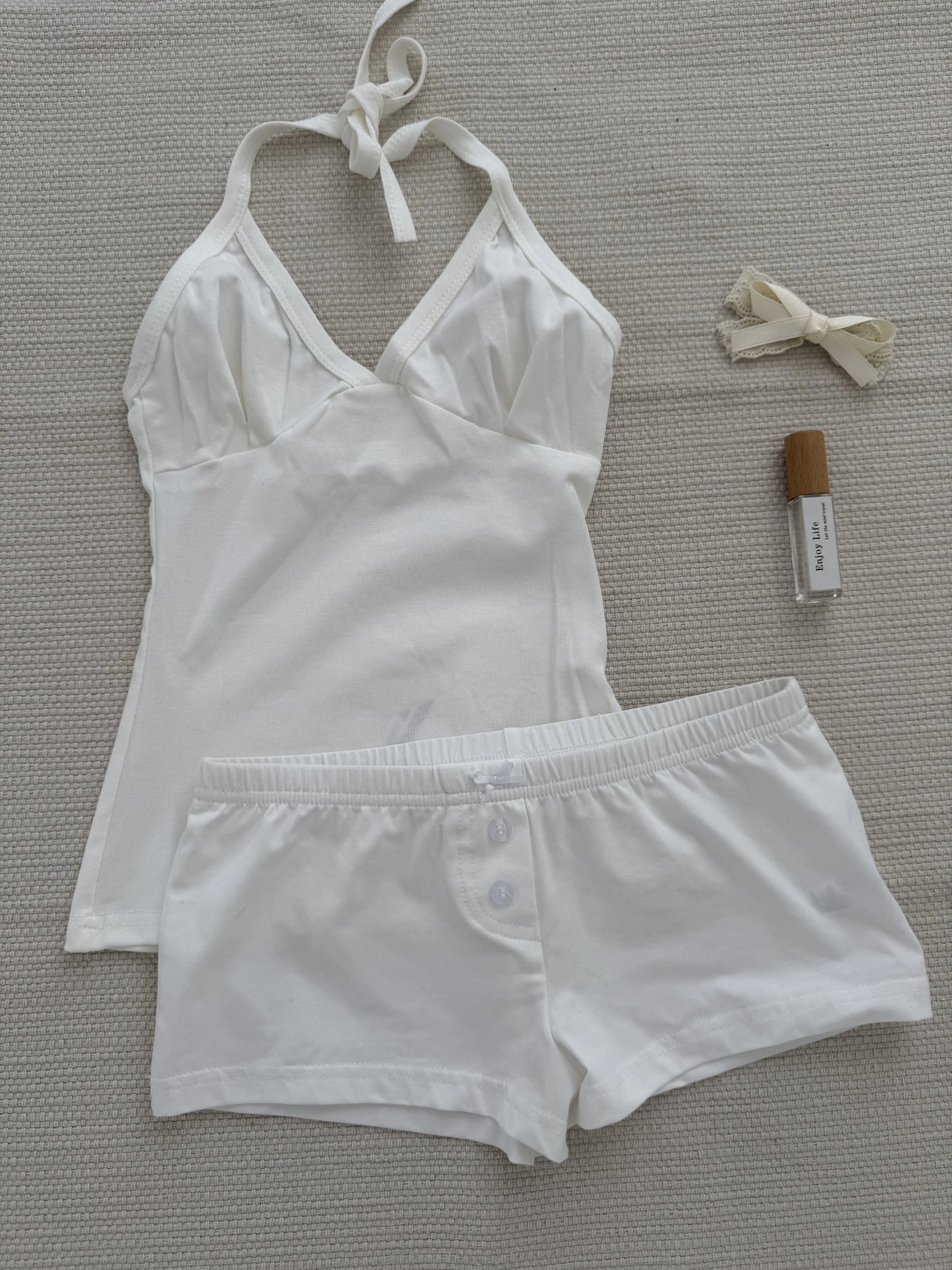 Sweet Bow White Tank Shorts Cotton Set Women Lace Trim V-neck Vest+Buttons Straight Short Boxer Short Pant Cute Home Pajama Sets