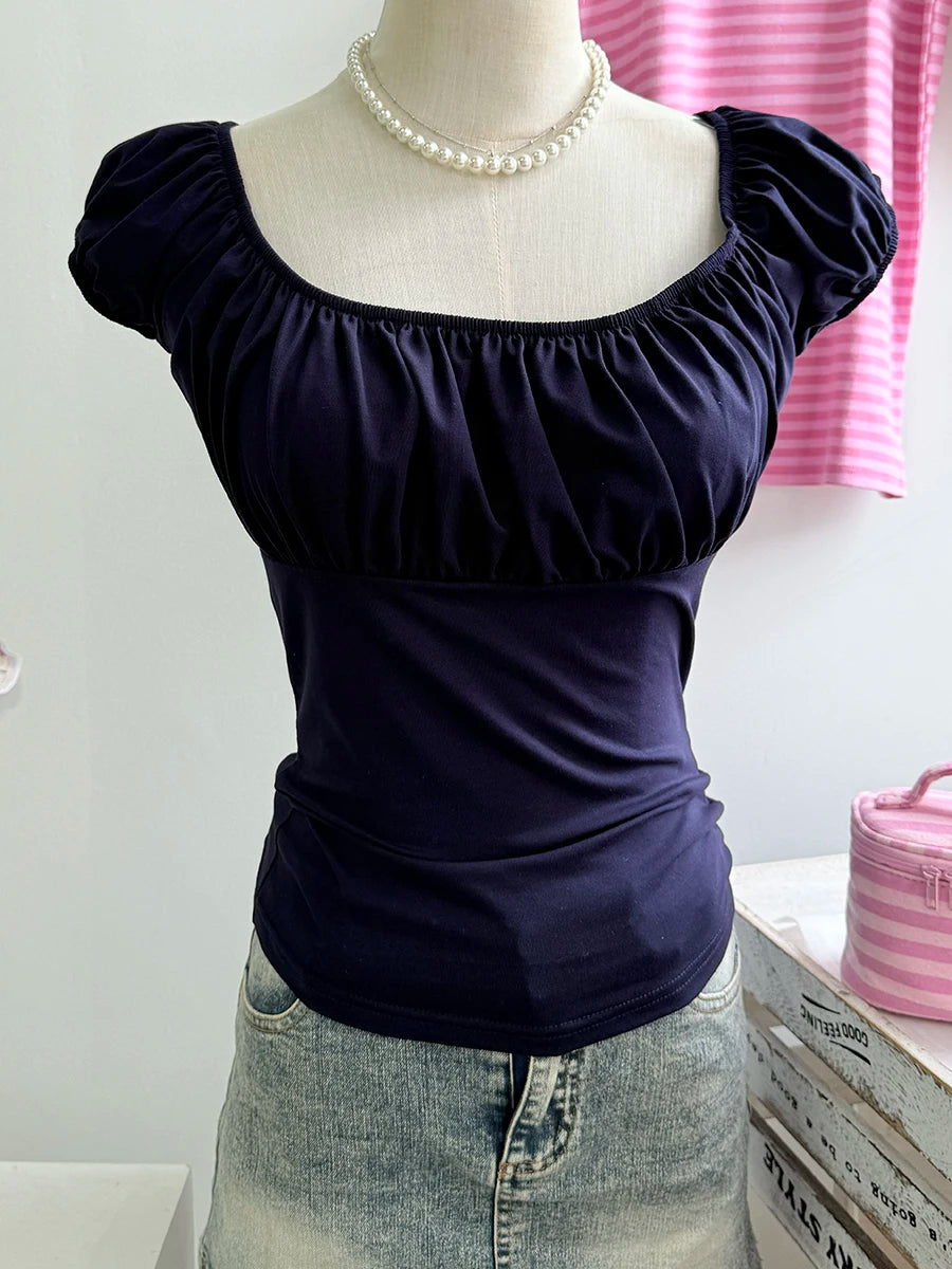 Mint Green Folds Slim T-shirts Women Summer Vintage Square Collar Cotton Puff Sleeve Tees Female Aesthetic Sweet Cute Y2K Tops