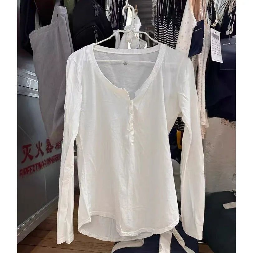 New Lace Trim V-neck Long Sleeve Tees Women 2024 Cotton Soft Casual Simple Basic Slim Tops Sweet Cute Preppy Style T-shirts Y2K