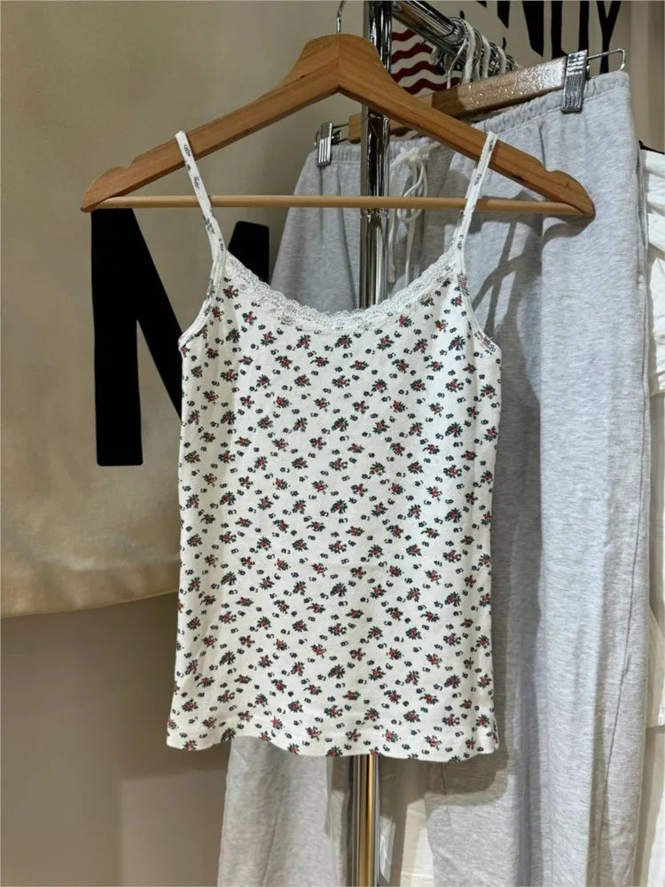 Pink Floral Print Lace Trim Tank Tops Women Summer New Cotton Bow Casual Chic Simple Camisole Girl Sweet Cute Vintage Vests Y2K