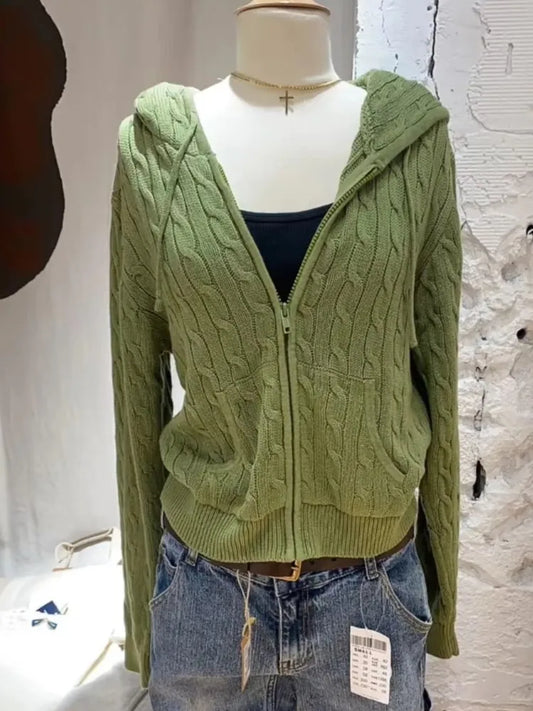 Green Twisted Flower Hooded Zipper Coat Women Fall Winter Long Sleeve Pocket Knit Knitwear Sweet Preppy Style Cardigan Sweater