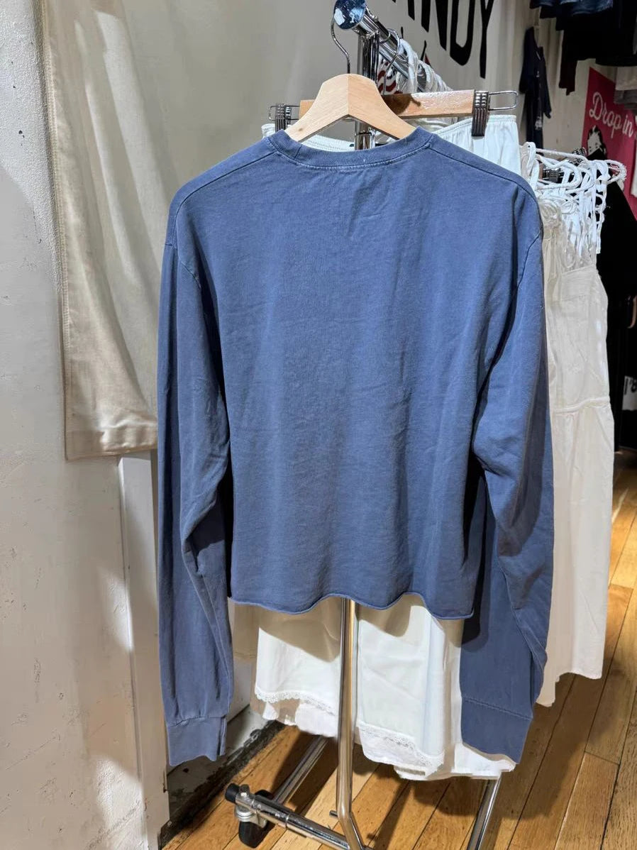 Vintage Letter Print Raw Hem Long Sleeve T-Shirts Women Autumn Streetwear O-Neck Loose Crop Tops Casual Vintage Sweet Tees Y2K