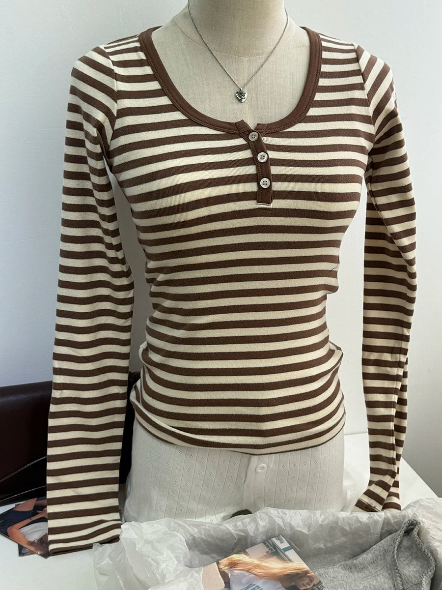 Navy Striped Buttons Long Sleeve Tees Women Casual Chic Cotton T-shirt Cute Preppy Style Slim Tshirt Zelly Tops