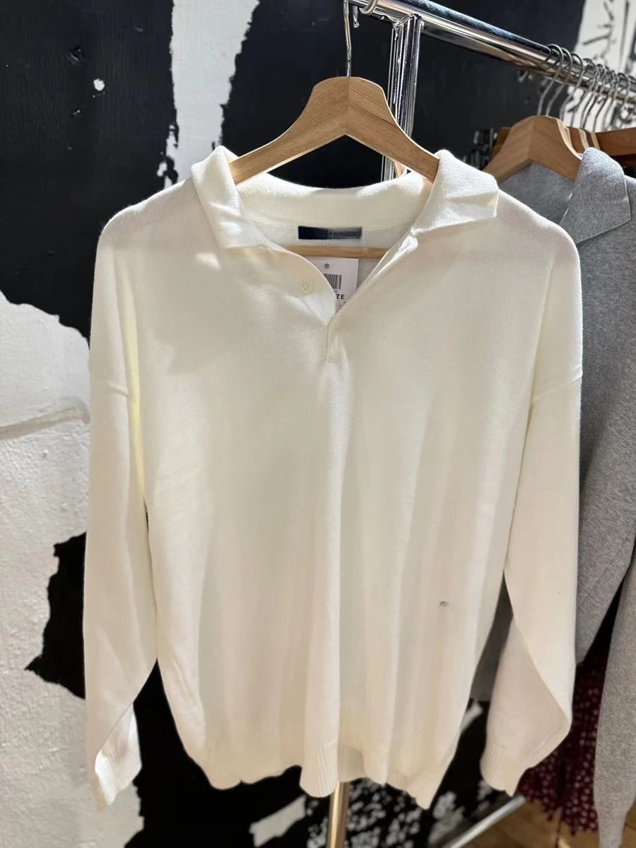 Simple White Buttons Loose Sweater Women Autumn New Cotton Turn Down Collar Preppy Style Knitted Tops Sweet Vintage Cute Jumpers