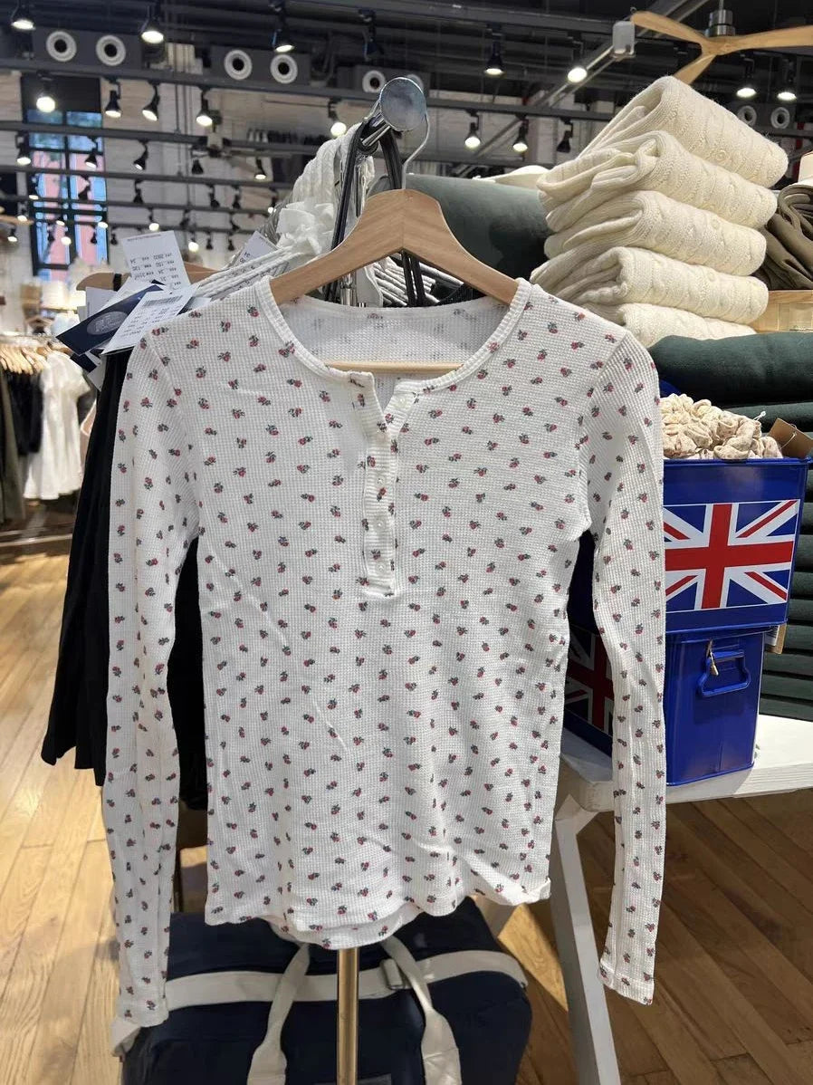 Red Floral Waffle Long Sleeve T-Shirt Women Autumn Buttons O-Neck Cotton Slim Tee Shirts Harajuku Sweet Vintage Tshirt Y2k Tops