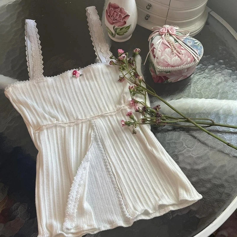 Sweet Fairy Style Knitted T-shirt Lace Trim Cotton Kawaii Slim Chic Short Sleeve Tees Female Vintage Streetwear Y2K Tops Clothes