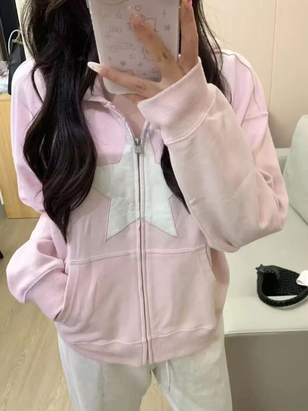 Sweet Gray Zipper Hoodies Women Autumn Casual Pockets Drawstring Hoodie Tops Vintage Loose Preppy Style Y2K Sweatshirts Coat Y2K
