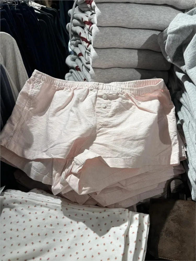 Sweet Pink Striped Button Short Pants Women Summer Cotton Loose Casual Elastic High Waist Home Underwear Cute Vintage Y2K Shorts
