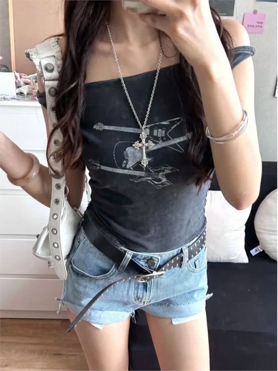 Harajuku Guitar Print Slim T-shirts Women Summer Roll Hem Sexy Slash Neck Cotton Tee Tops Vintage Streetwear Y2K Crop Tops New