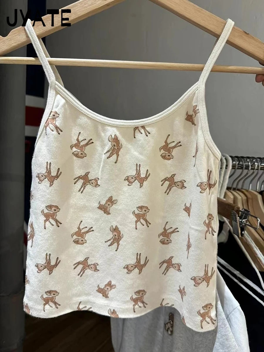 New Cute Little Deer Print Camisole Women Summer Cotton O-neck Simple Casual Slim Cropp Vests Sweet Vintage Chic Tank Tops Y2K