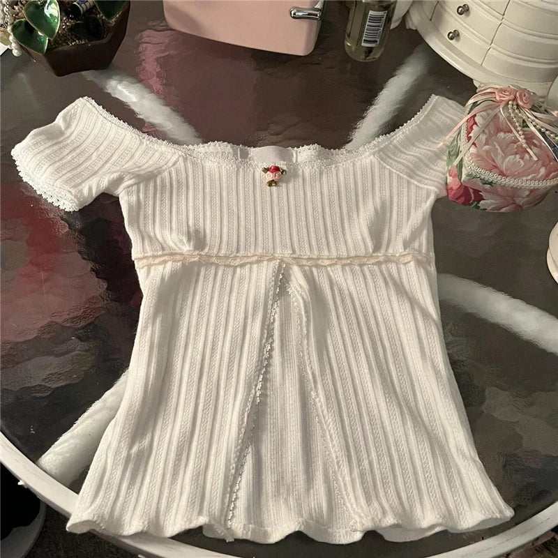 Sweet Fairy Style Knitted T-shirt Lace Trim Cotton Kawaii Slim Chic Short Sleeve Tees Female Vintage Streetwear Y2K Tops Clothes
