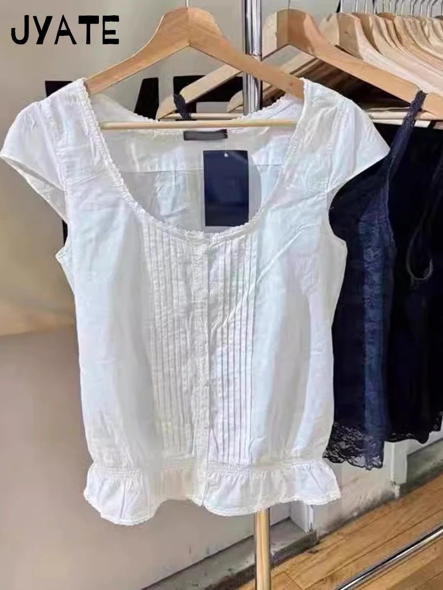 Lace Trim White Buttons Short Sleeve Tees Women Casual Back Lace-up Streetwear Shirt Tops Sweet Chic Preppy Style T-shirts New