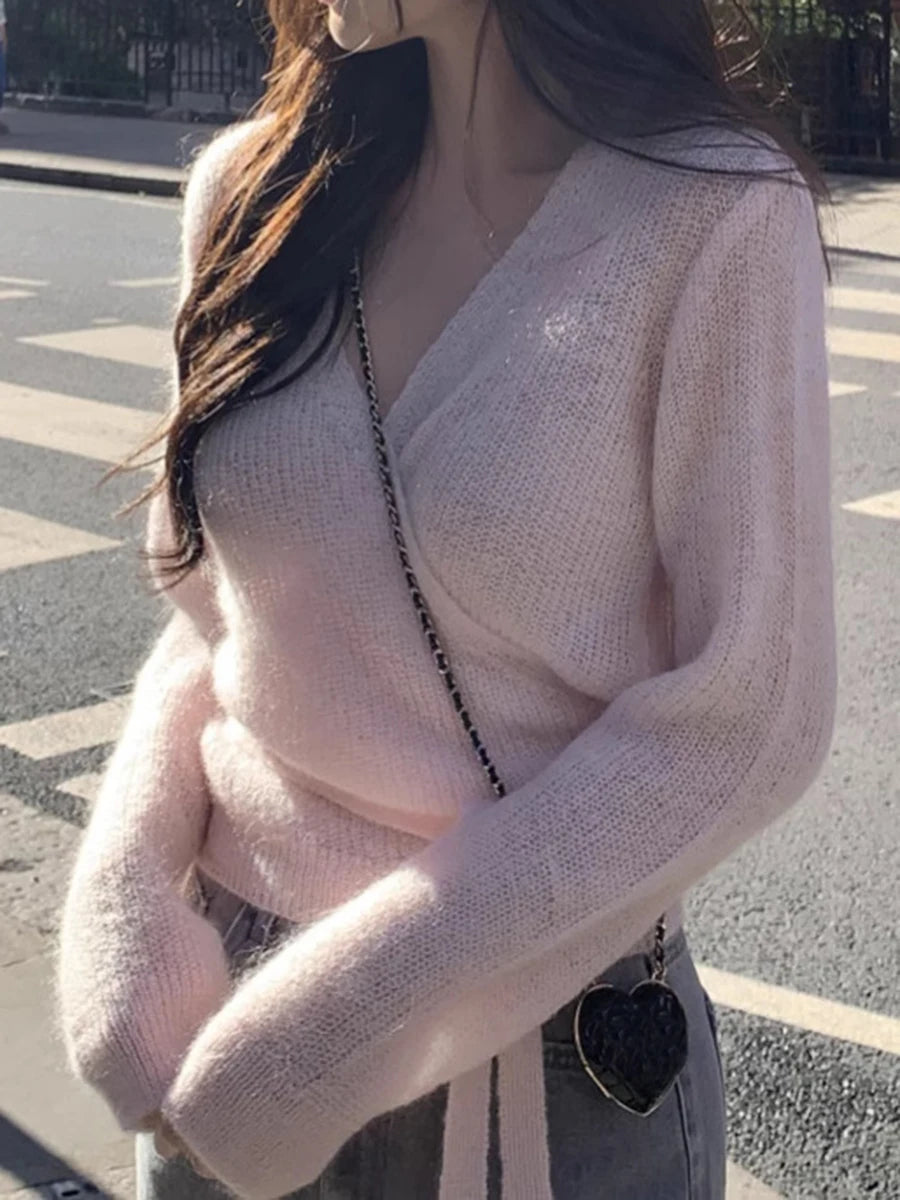 Pink Lace-up Knitted Soft Sweater Cardigan Women New V-neck Long Sleeve Cute Sweaters Sweet Chic Elegant Knitwear Crop Tops Y2K