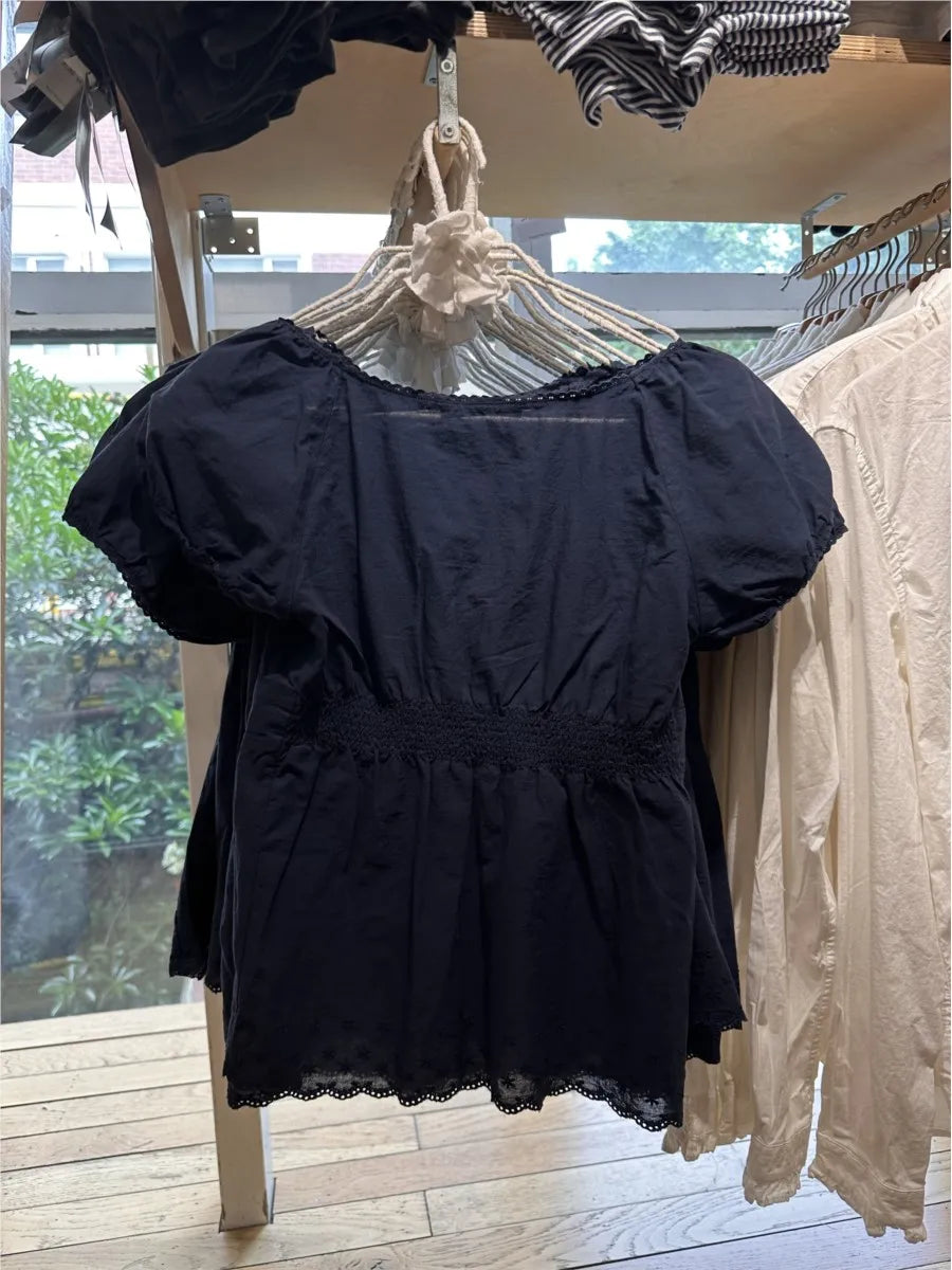 Vintage Navy Lace Trim T-shirts Women Summer New Casual Streetwear Buttons Short Sleeve Tees American Cute Tshirt Tops Y2K