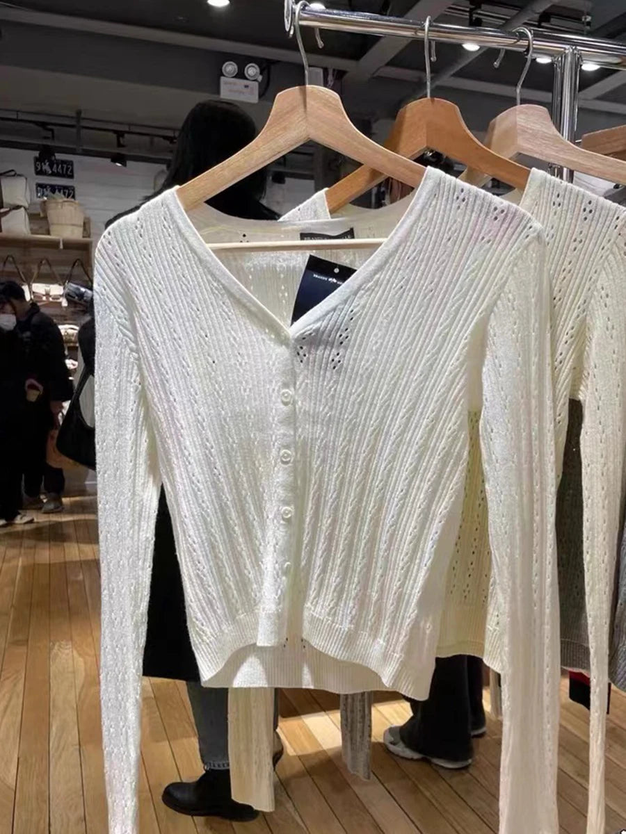 Hollow Out Solid Knitted Tops Women 2025 Spring Sexy V Neck Cotton Long Sleeve T-shirt Female Vintage Simple Cute Crop Top Chic