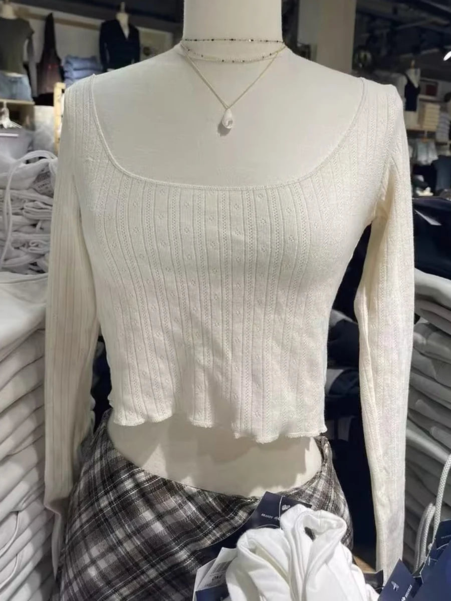 Beige Hollow Out Ruffle T-shirts Ladies Cotton Soft Elegant Spring Summer Long Sleeve Tee Slim Chic Sweet Vintage Cute Crop Tops