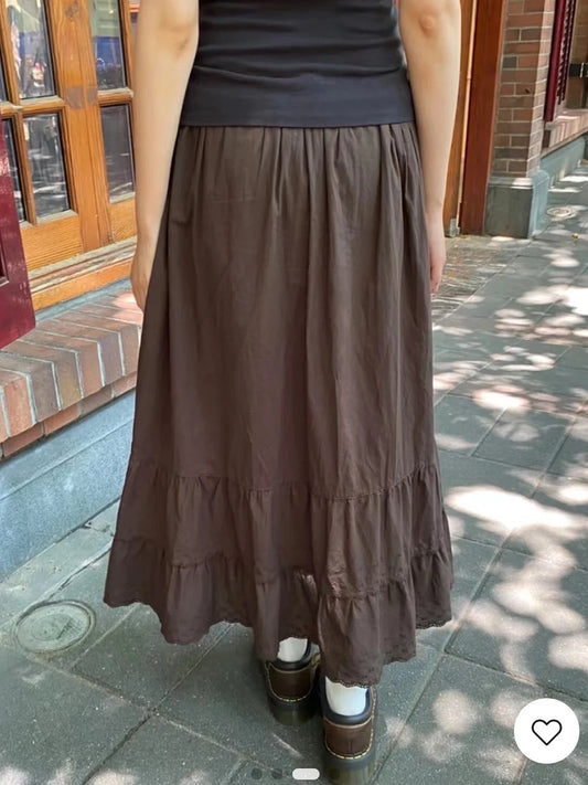Brown Lace Trim Long Skirts Women New Cotton Drawstring High Waist Preppy Style Faldas Female Classic Vintage Sweet A-line Skirt