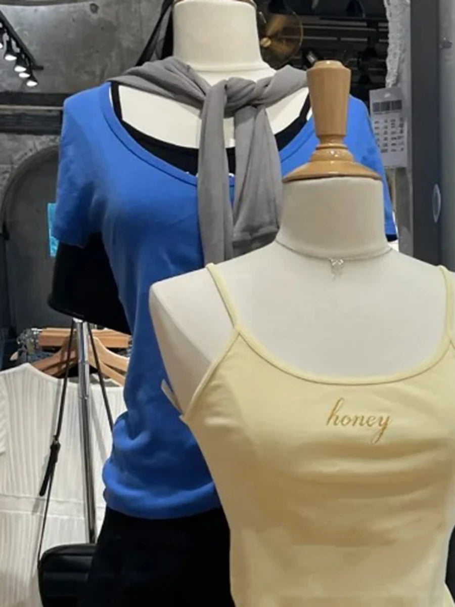 Royal Blue V-neck T-shirts Women Summer Cotton Slim Casual Streetwear Short Sleeve Tees Sweet Vintage Chic Tshirt Y2K