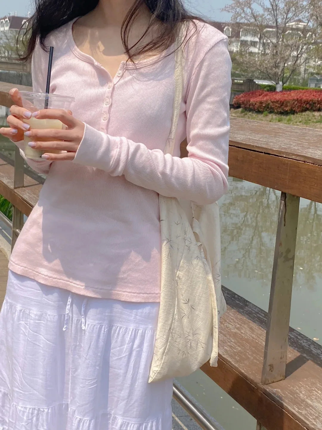 Buttons Ribbed Long Sleeve Tees Women Spring New Casual Simple Basic Cotton Slim Zelly Tops Pink Sweet Preppy Style T-shirts