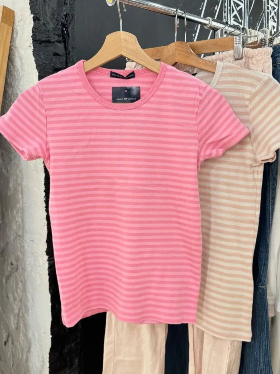 Rose Striped Slim T-shirt Women Casual Chic O-Neck Cotton Short Sleeve Tee Shirts Female Sweet Cute Preppy Style Y2K Tshirts New