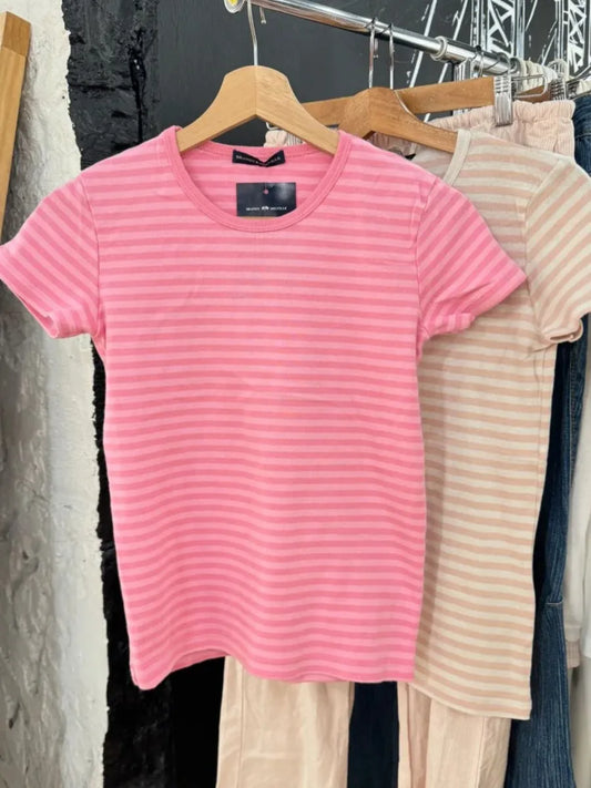 Rose Striped Slim T-shirt Women Casual Chic O-Neck Cotton Short Sleeve Tee Shirts Female Sweet Cute Preppy Style Y2K Tshirts New