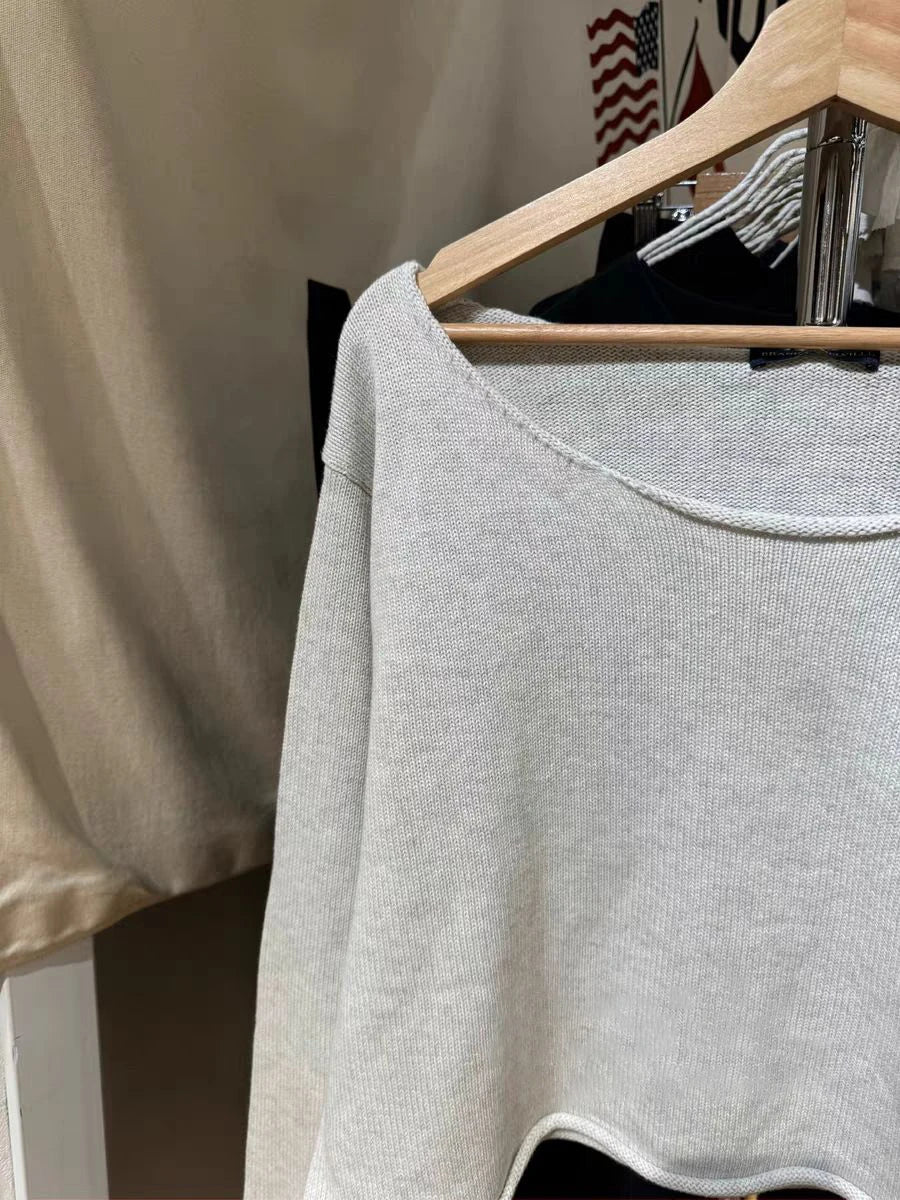 Gray Raw Trim Knit Cropped Sweater Women Scoop Neck Long Sleeve Cotton Loose Jumper Autumn Simple Sweet Oversized Crop Top Y2K