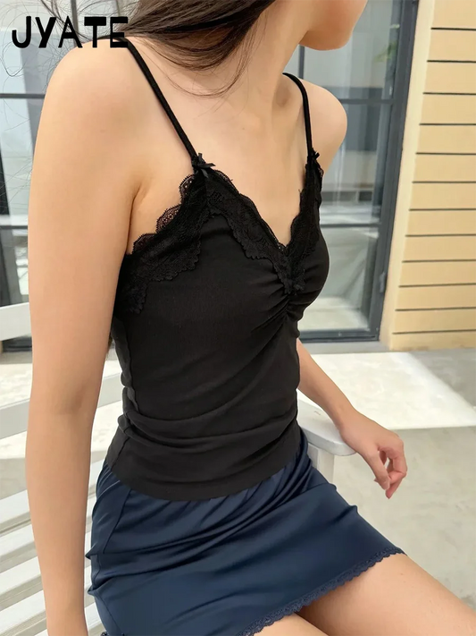 Sexy Lace Trim Slim Black Tank Tops Women Summer New Sweet Cotton Simple Sleeveless Vest Female Preppy Style Basic Crop Top Y2K
