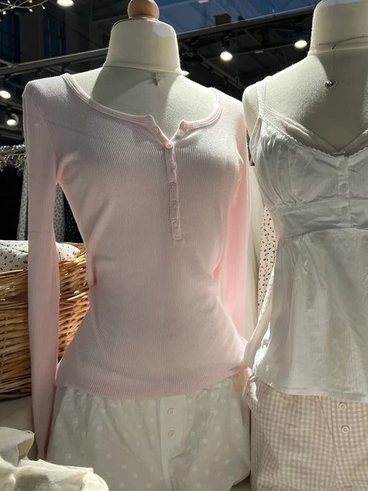 Pink Six Buttons Ribbed Long Sleeve T-shirts Women Spring Round Neck Cotton Slim Tee Top Female Cute Sweet Tshirt Y2k Tops New