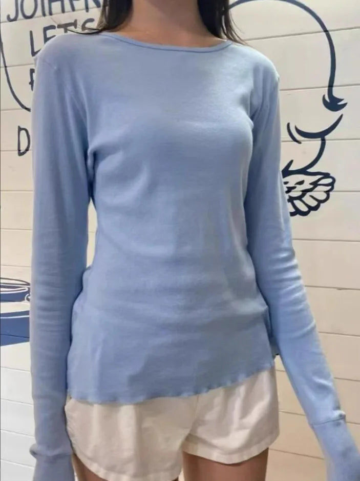 Sweet Pink Six Buttons Ribbed Long Sleeve T-shirts Women Spring Round Neck Cotton Slim Tee Top Female Cute Tshirt Y2k Tops New
